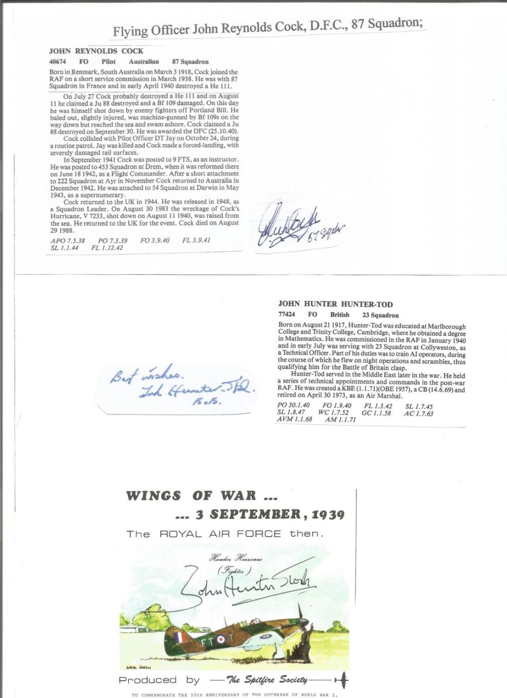 Lot 536: WW2 BOB fighter pilots John Cock 87 sqn,...