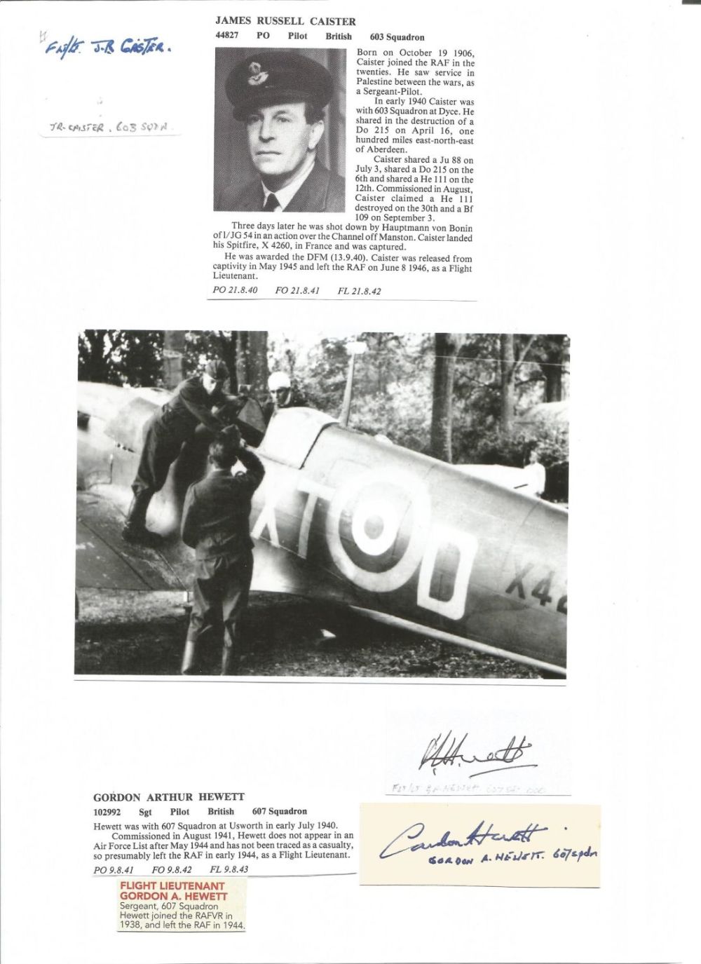 Lot 547: WW2 BOB fighter pilots James Caister 603 sqn,...
