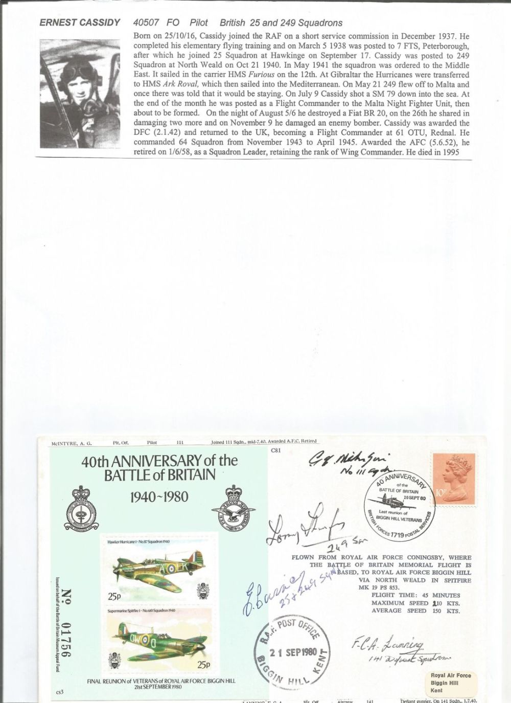 Lot 551: WW2 BOB fighter pilot Cassidy, Ernest 25 sqn,...