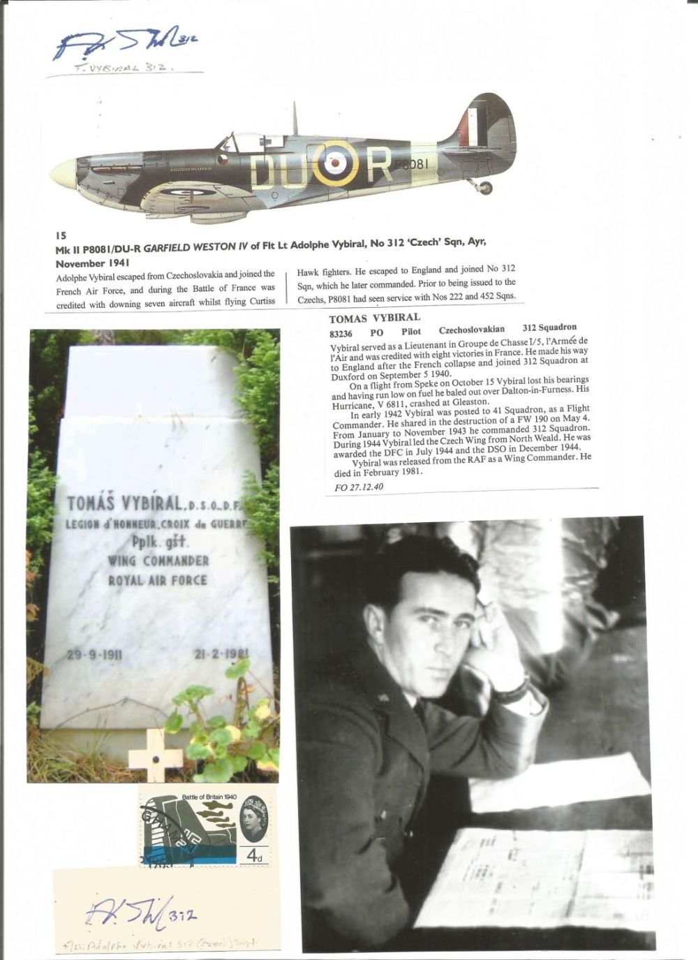 Lot 555: WW2 BOB fighter pilot Vybiral, Tomas 312 sqn...