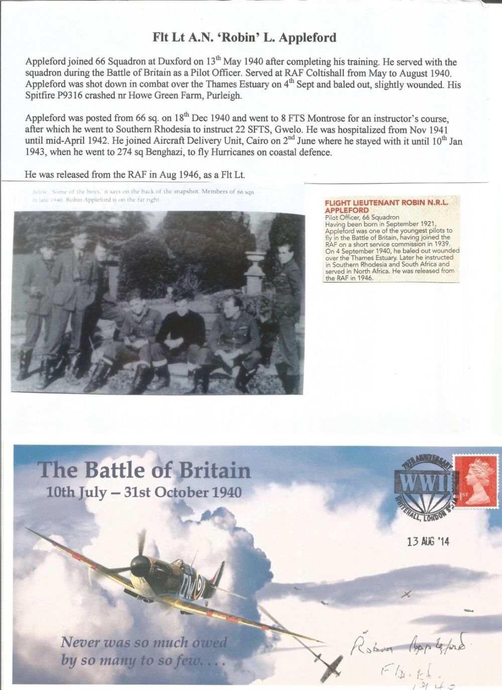 Lot 562: WW2 BOB fighter pilot Appleford, Robin 66 sqn...