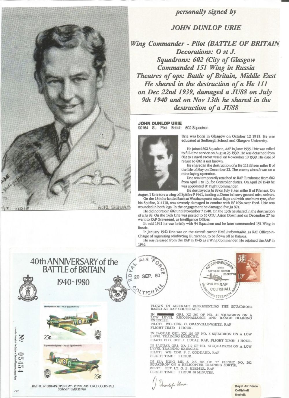 Lot 567: WW2 BOB fighter pilot John Dunlop Urie 602...