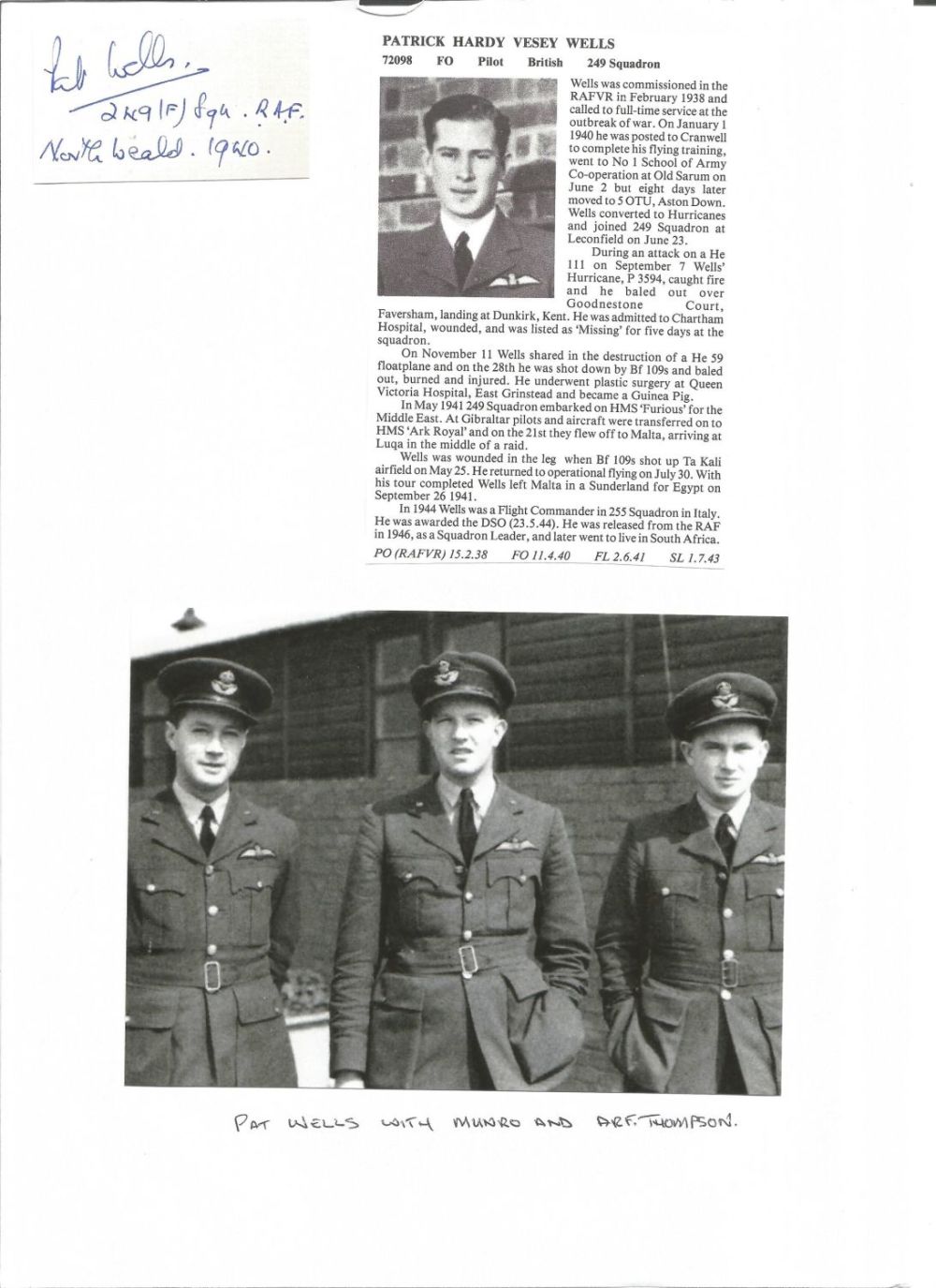 Lot 568: WW2 BOB fighter pilot Wells, Patrick 249 sqn...