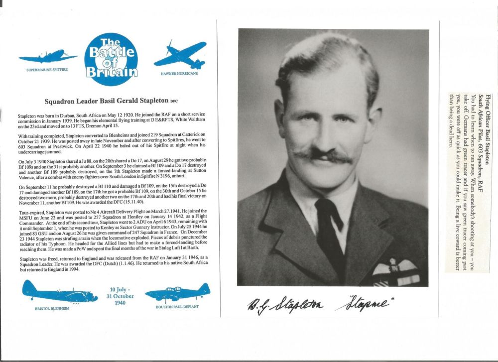 Lot 571: WW2 BOB fighter pilot Stapleton, Basil 603 sqn...