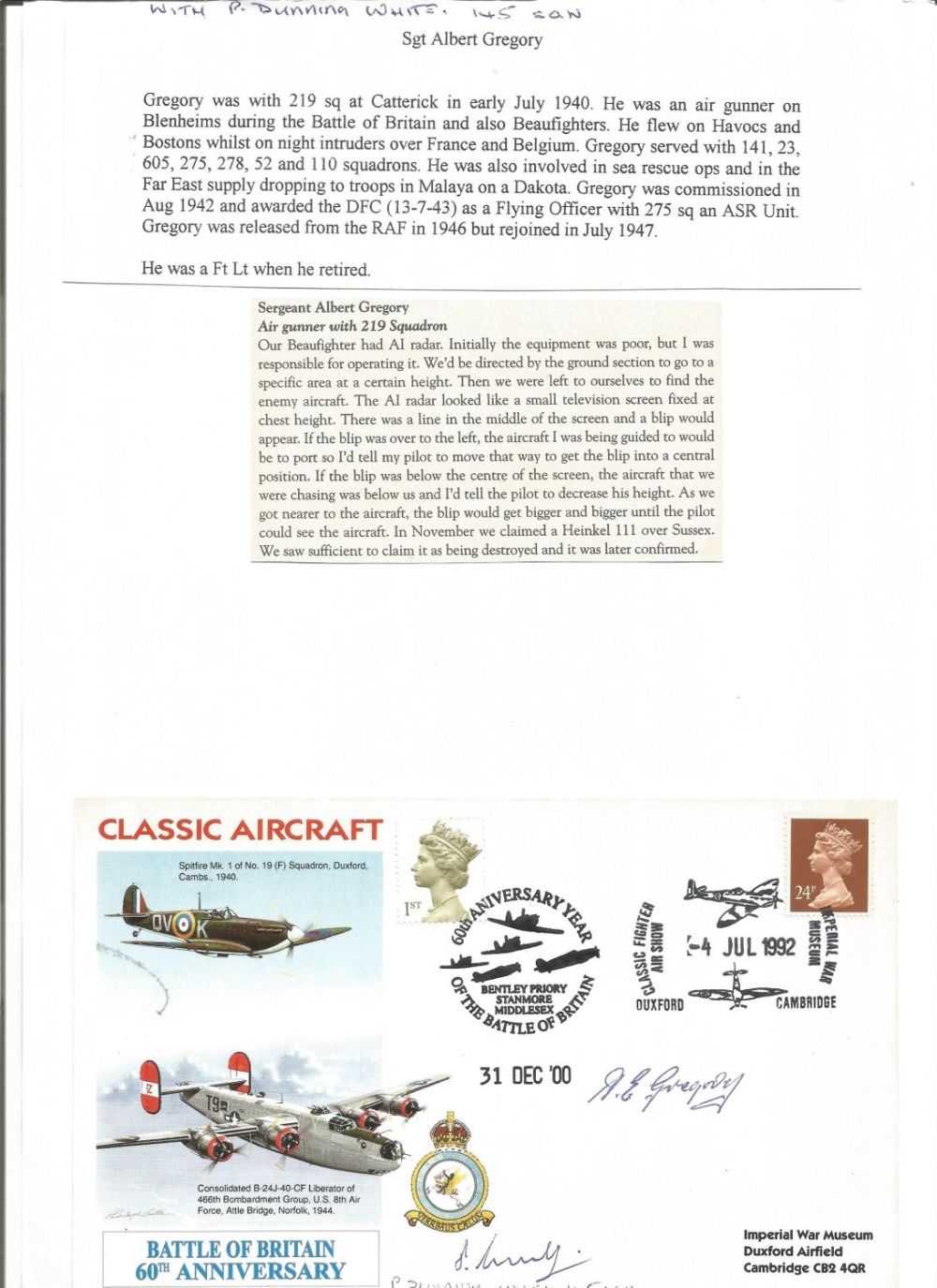 Lot 573: WW2 BOB fighter pilots Albert Gregory 219 sqn,...