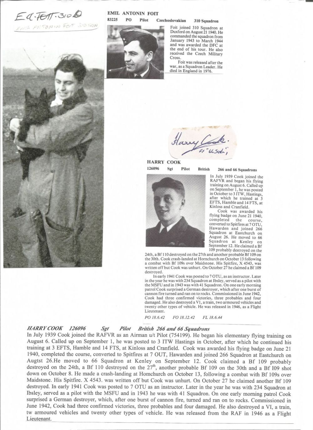 Lot 575: WW2 BOB fighter pilots Emil Foit 310sqn, Harry...