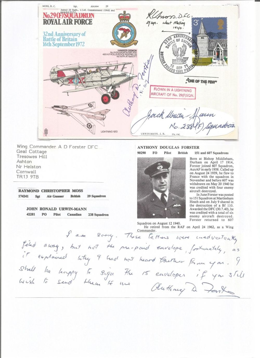 Lot 583: WW2 BOB fighter pilot John Unwin-Mann 238 sqn,...