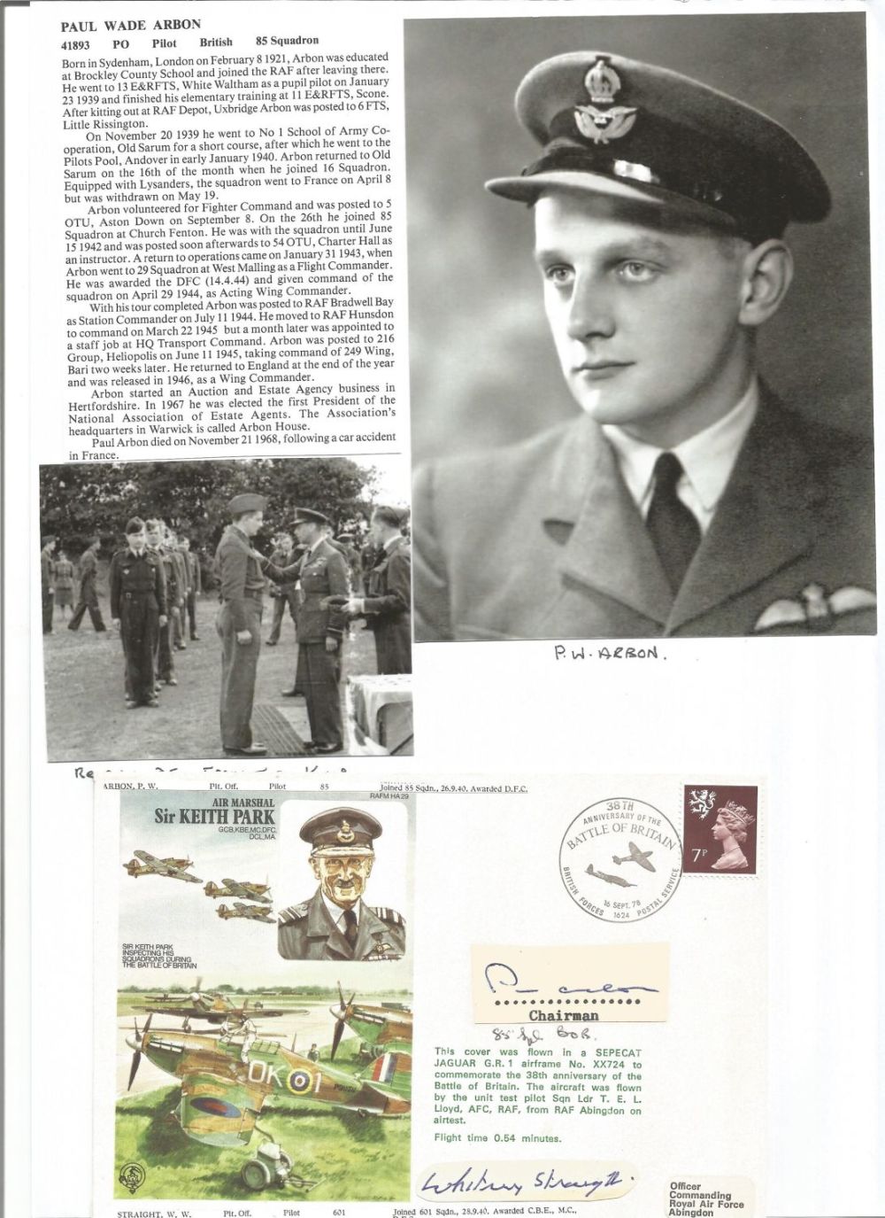 Lot 587: WW2 BOB fighter pilots Paul Arbon 85 sqn...