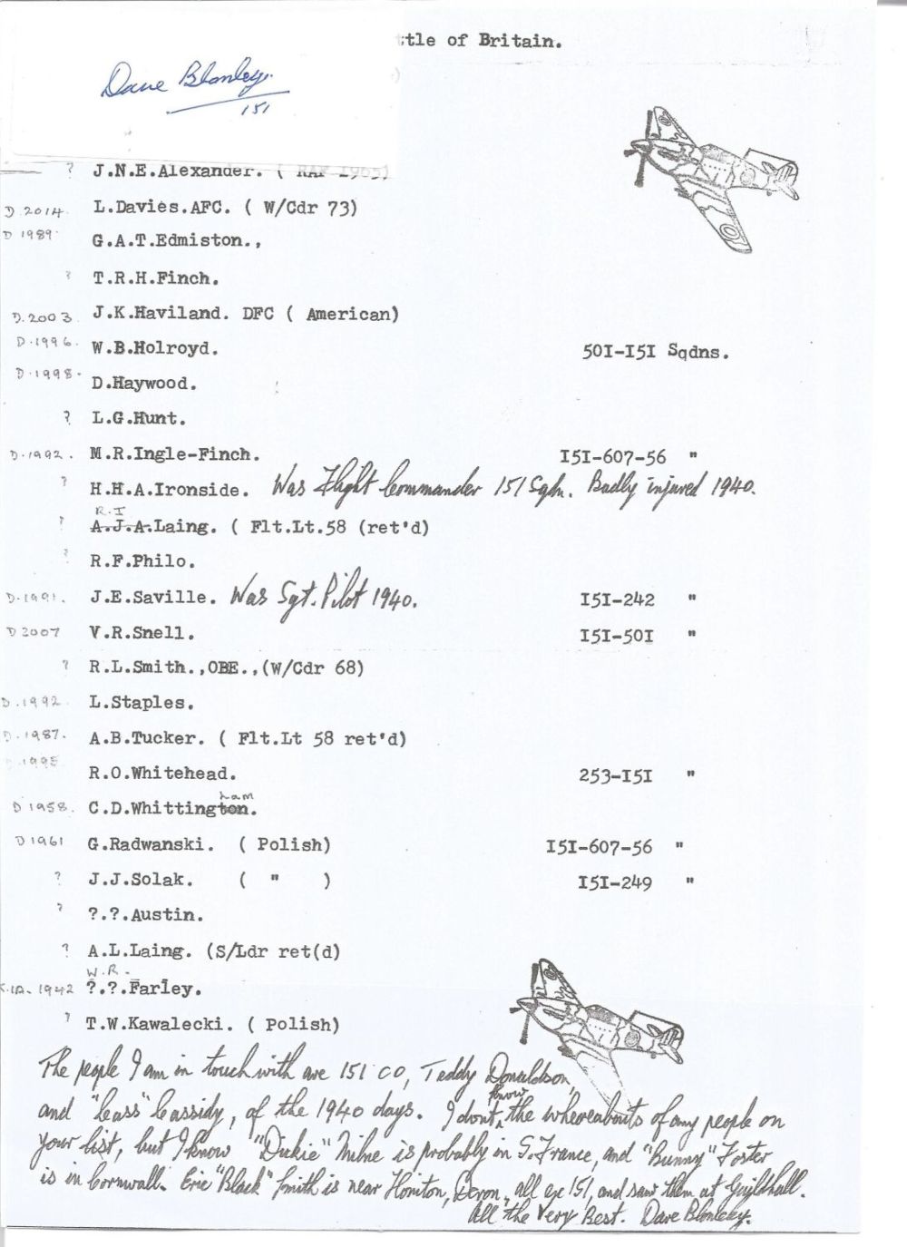 Lot 592: WW2 BOB fighter pilot Blomeley, David 151 sqn...