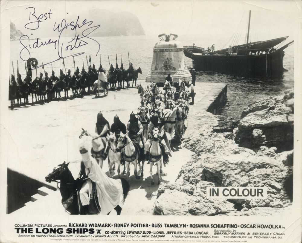 Lot 185: Sidney Poitier signed 10X8 inch The Long Ships...