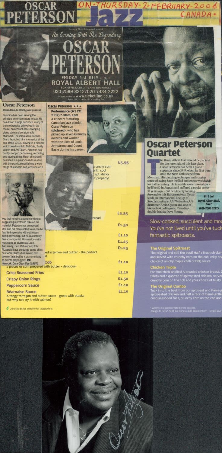 Lot 203: Oscar Peterson signed 5x4 inch black and white...