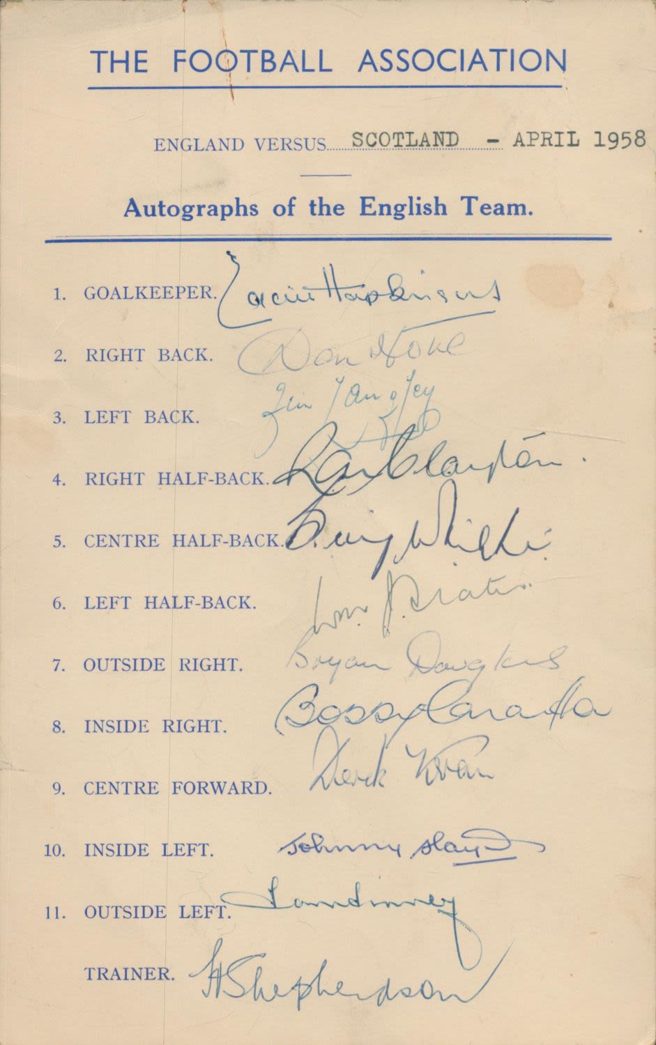 Lot 205: England v Scotland April 1958 multi signed England...