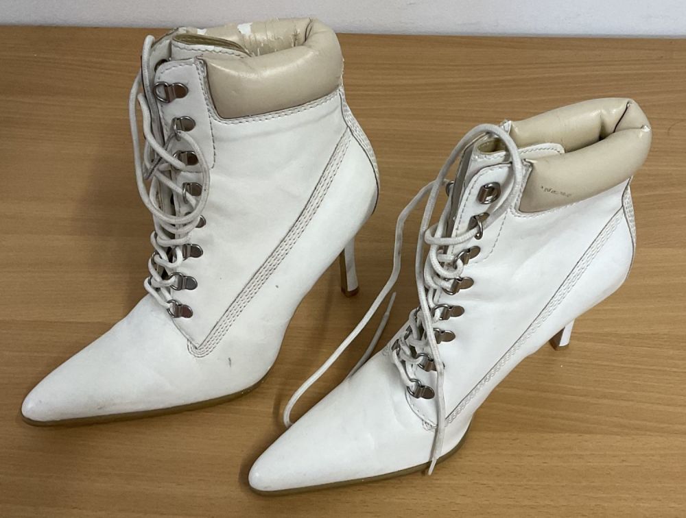 Lot 246: Kim Cattrall worn high heel white shoes taken...