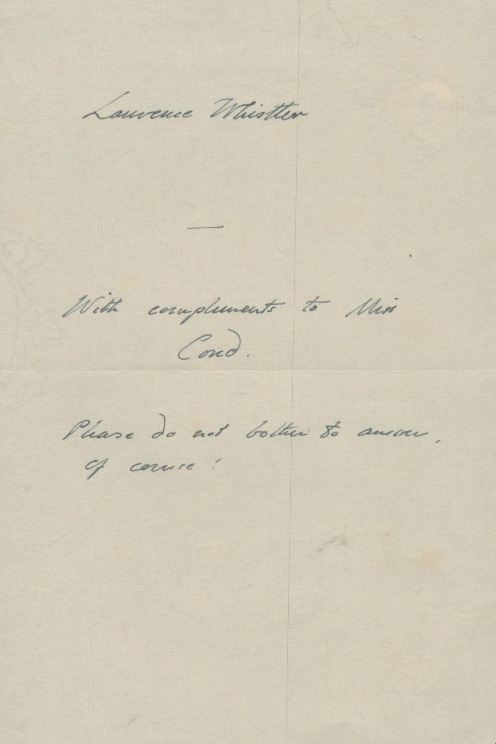 Lot 206: Laurence Whistler signed handwritten compliment slip. Good condition....