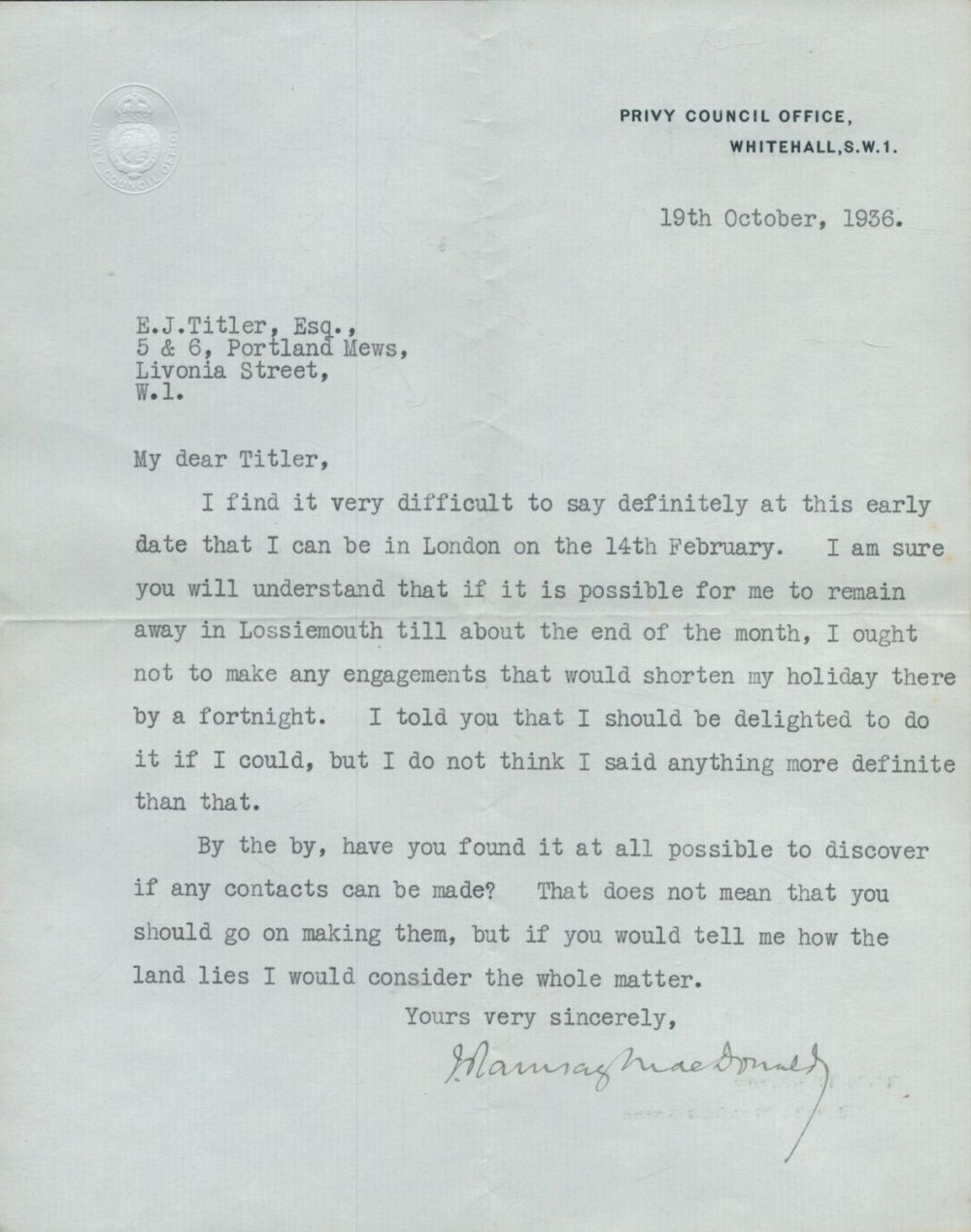 Lot 210: Ramsey MacDonald TLS on headed Privy Council Office...