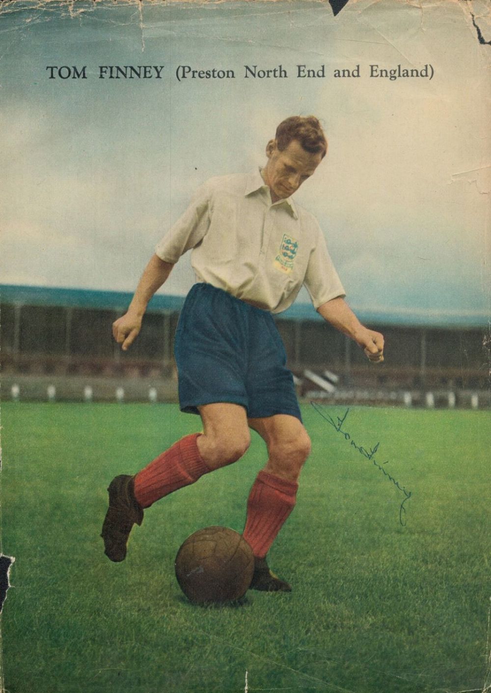 Lot 224: Tom Finney signed 11x8 inch colour magazine illustration...