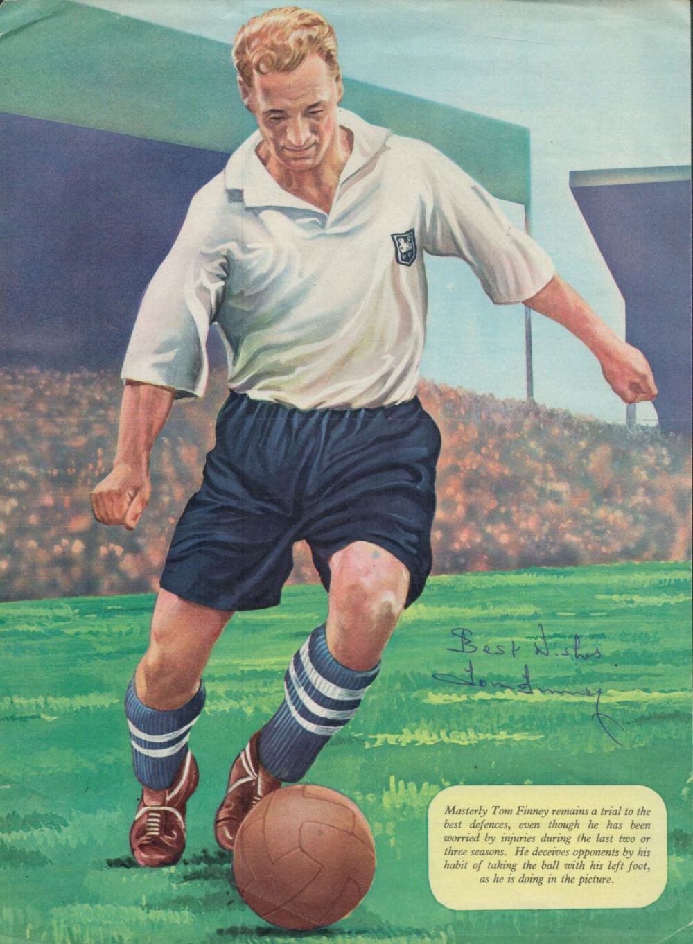 Lot 225: Tom Finney signed 11x8 inch colour magazine illustration...