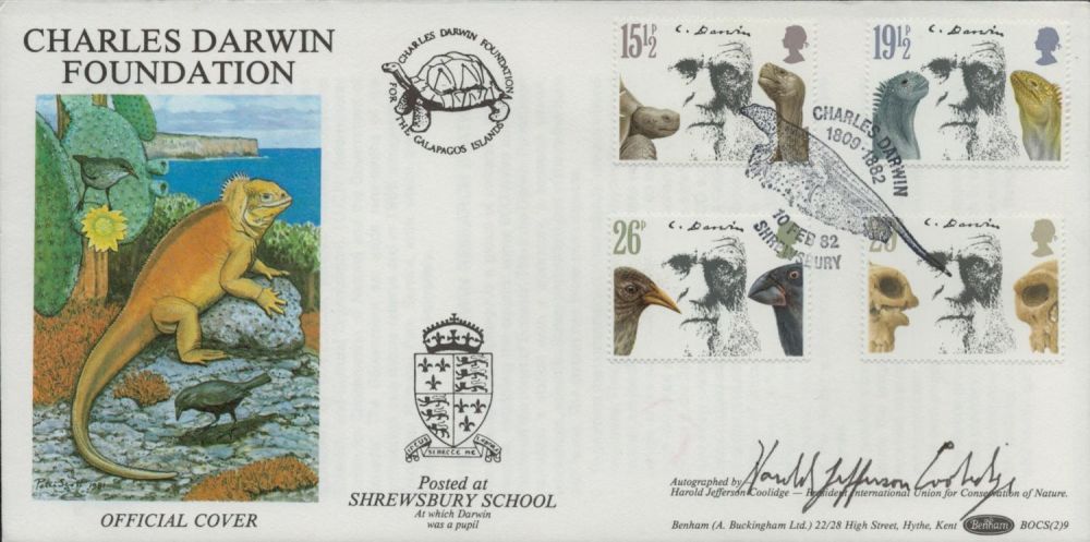 Lot 307: Harold Jefferson Coolidge signed FDC Benham. Charles Darwin...