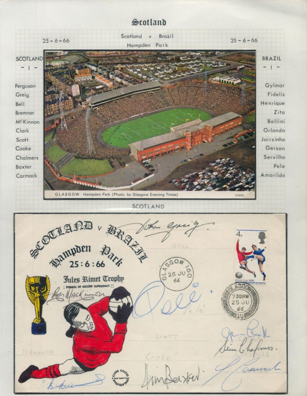 Lot 331: 1966 Scotland V Brazil multiple signed football cover....