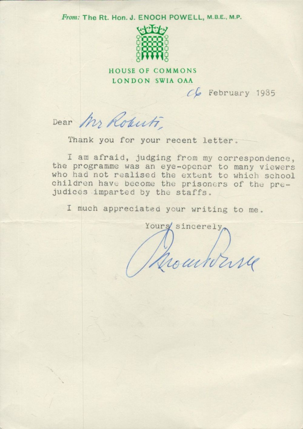 Lot 333: Enoch Powell Legendary British Politician One page Signed...