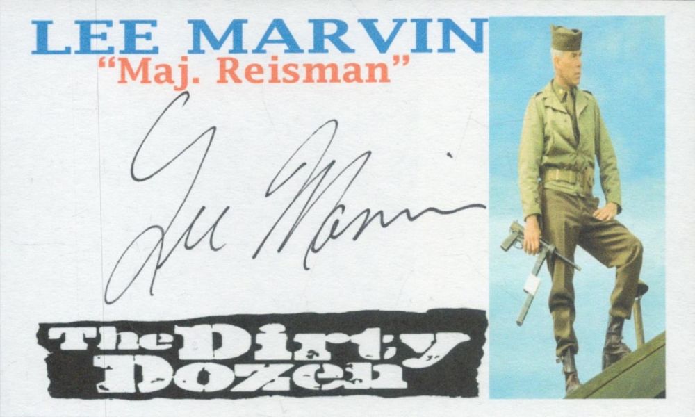 Lot 465: Lee Marvin signed 6x3 inch Maj. Reisman Dirty...