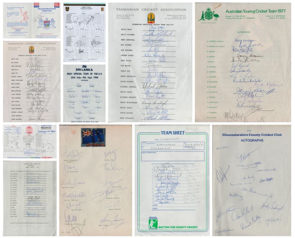 Lot 562: Collection of 10 Cricket Teams sheet. Multi signed...