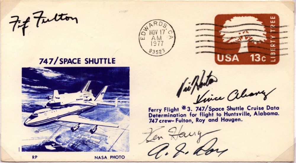 Lot 585: 747/Space shuttle cover signed by Fitz Fulton, Vic...