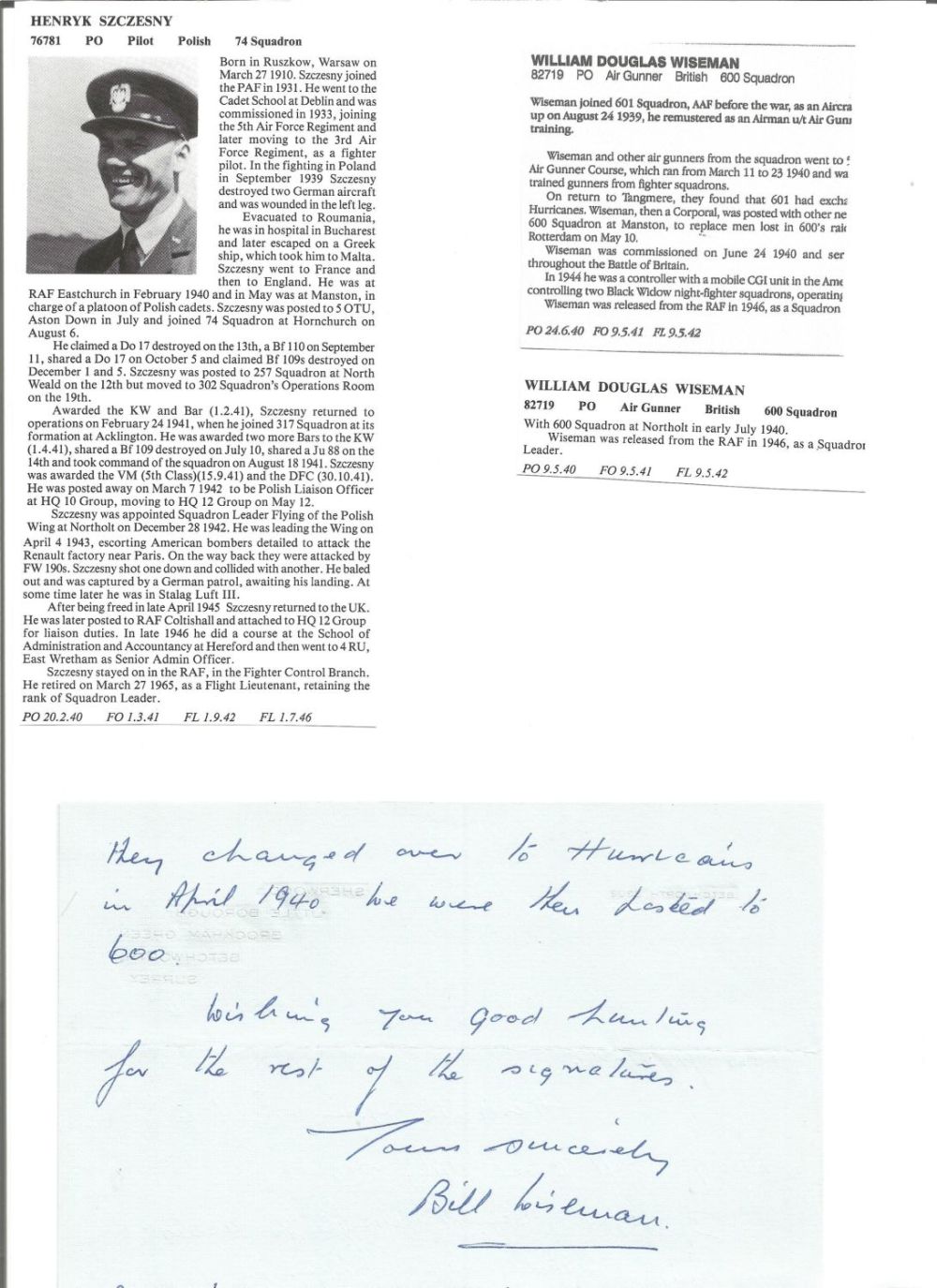 Lot 753: WW2 BOB fighter pilot William Wiseman 600 sqn...