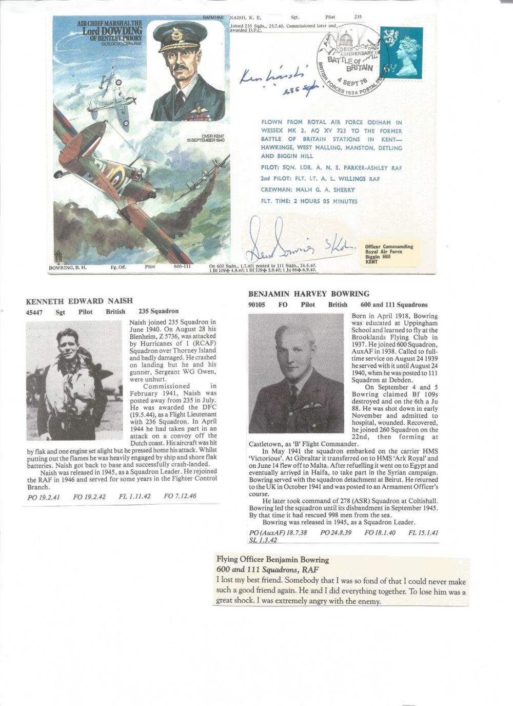 Lot 763: WW2 BOB fighter pilot Kenneth Naish 235 sqn,...