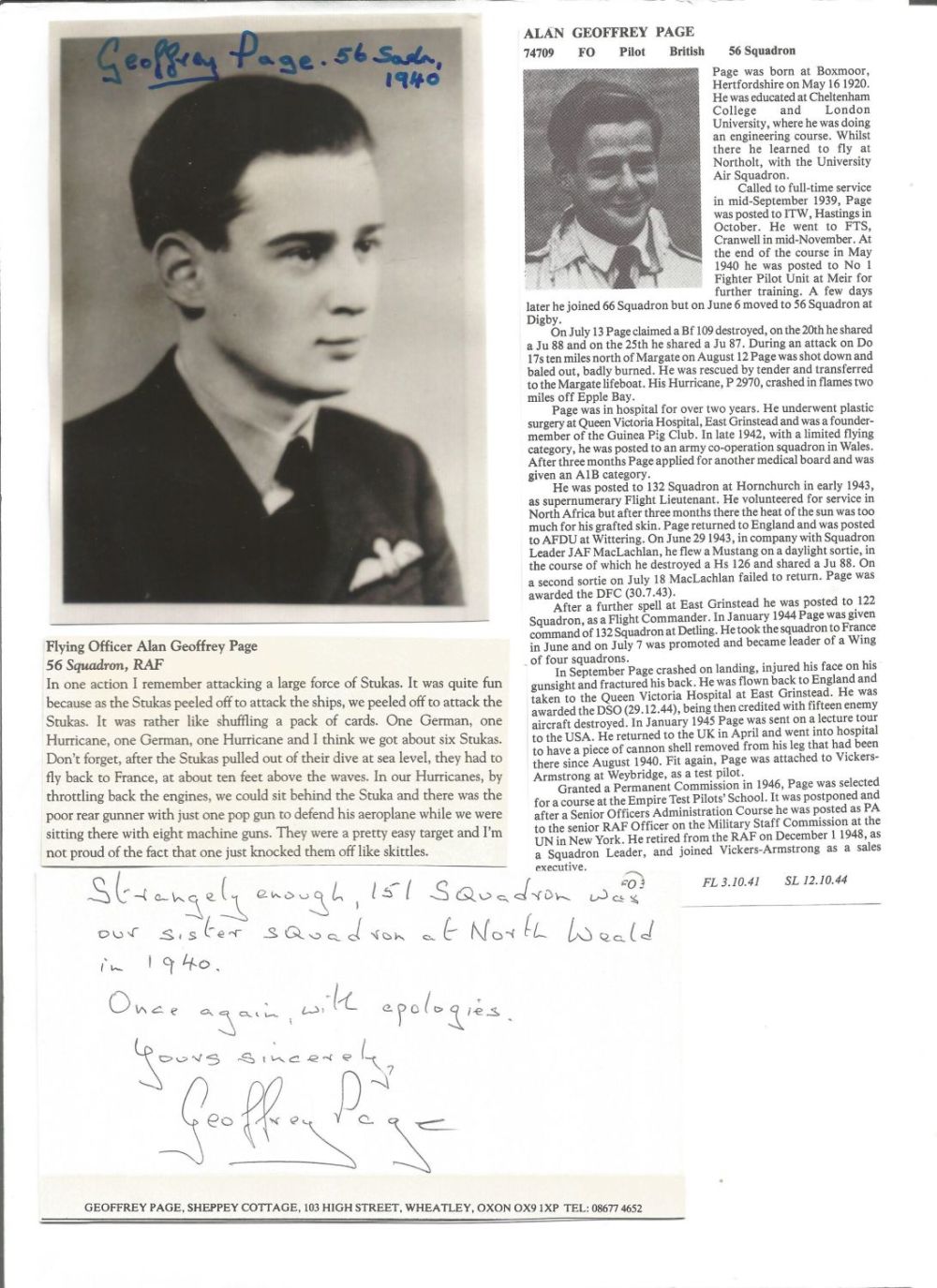 Lot 765: WW2 BOB fighter pilot Alan Page 56 sqn...