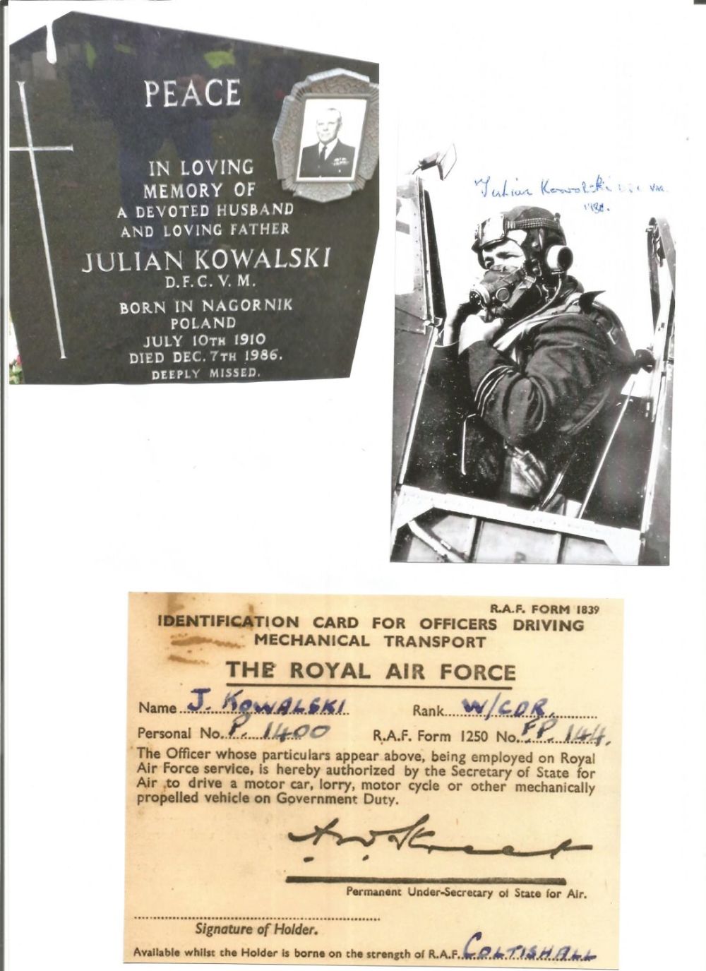 Lot 795: WW2 BOB fighter pilot Julian Kowalski 302 sqn...