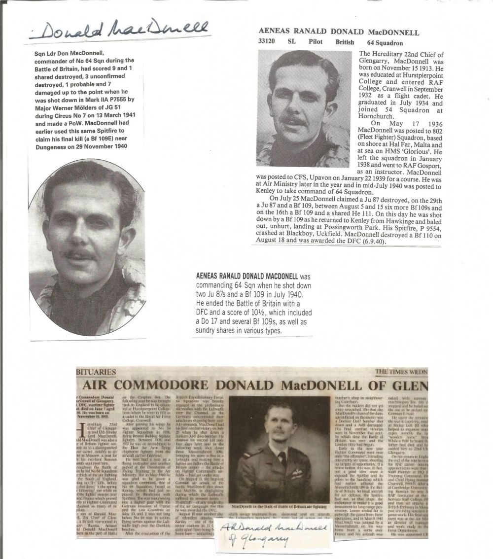 Lot 818: WW2 BOB fighter pilot Aeneas MacDonnell 64 sqn...
