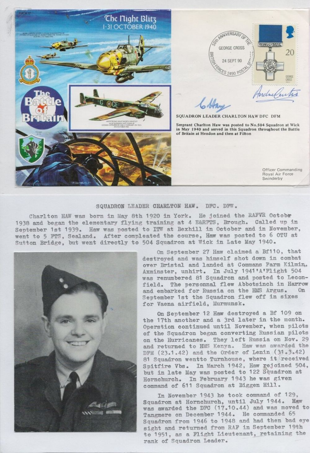 Lot 204: WWII SQ/LDR Charlton Haw DFC, DFW signed Battle...