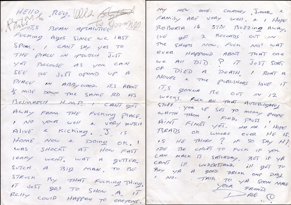 Lot 98: Handwritten letter from Dave Courtney to Reggie Kray,...
