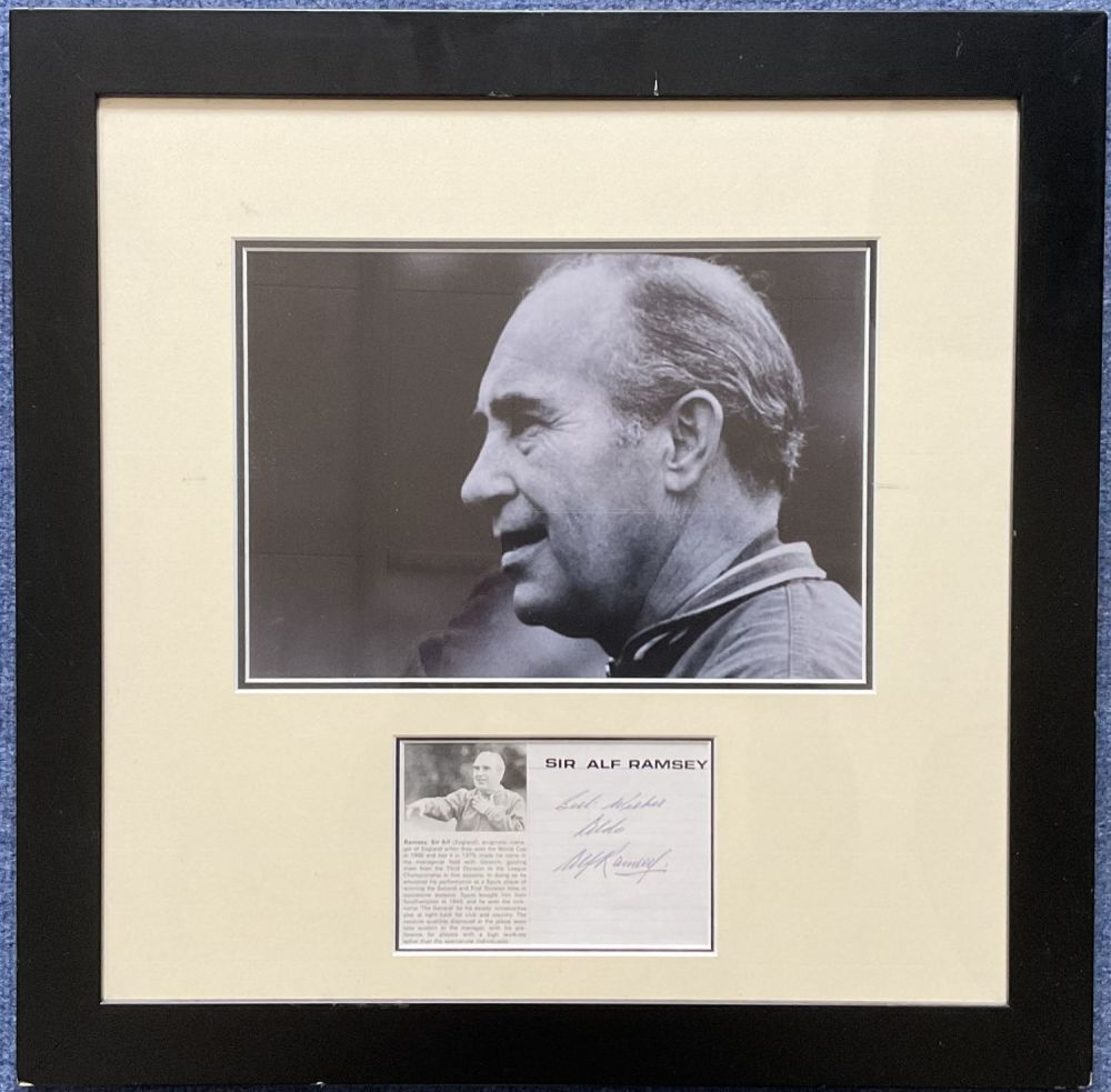 Lot 154: Football Sir Alf Ramsey 20x20 mounted and framed...