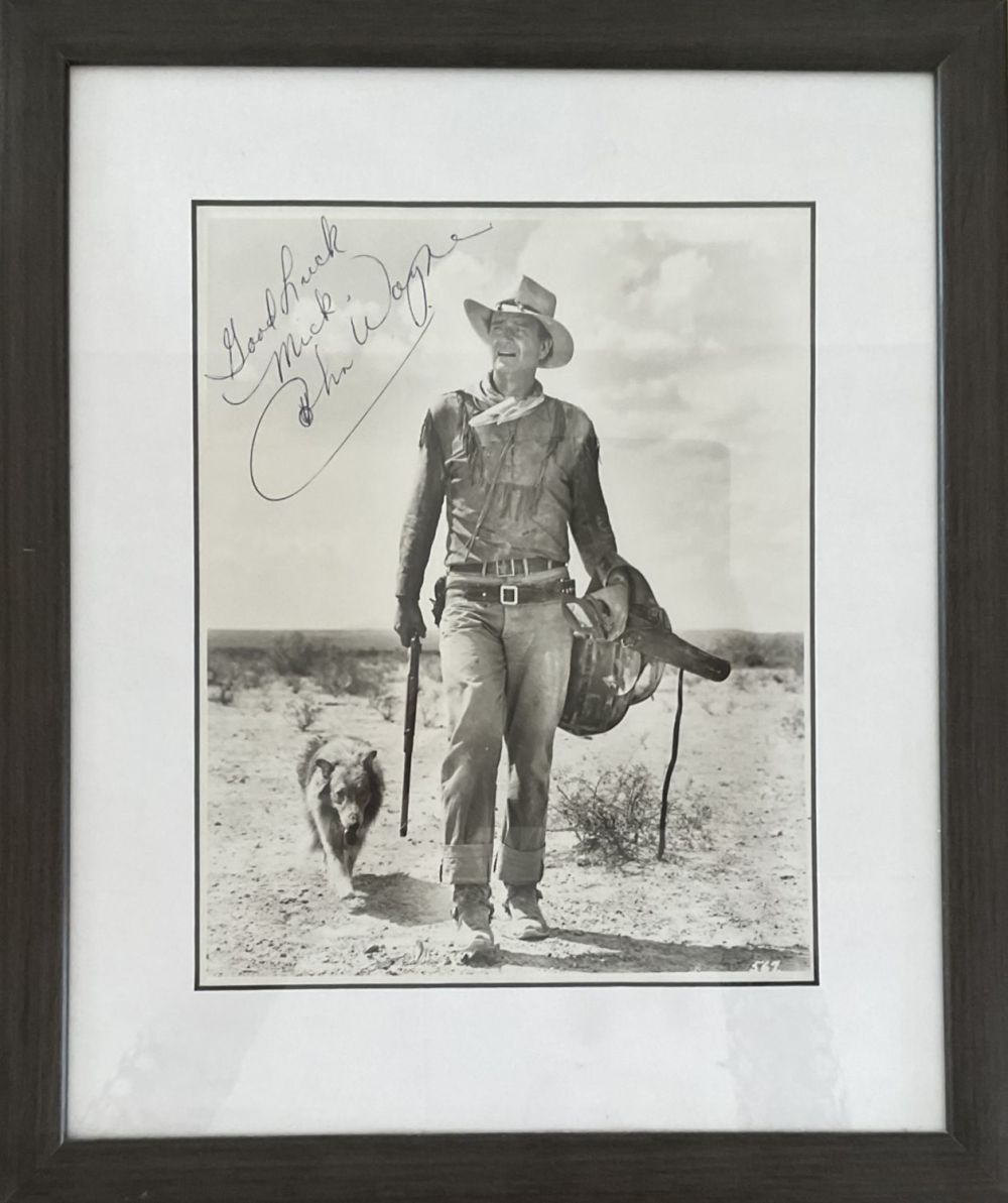 Lot 189: John Wayne signed 15x12 inch overall framed and...