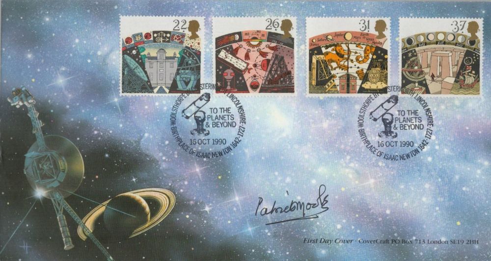 Lot 254: Patrick Moore signed Planets and Beyond FDC. Good...