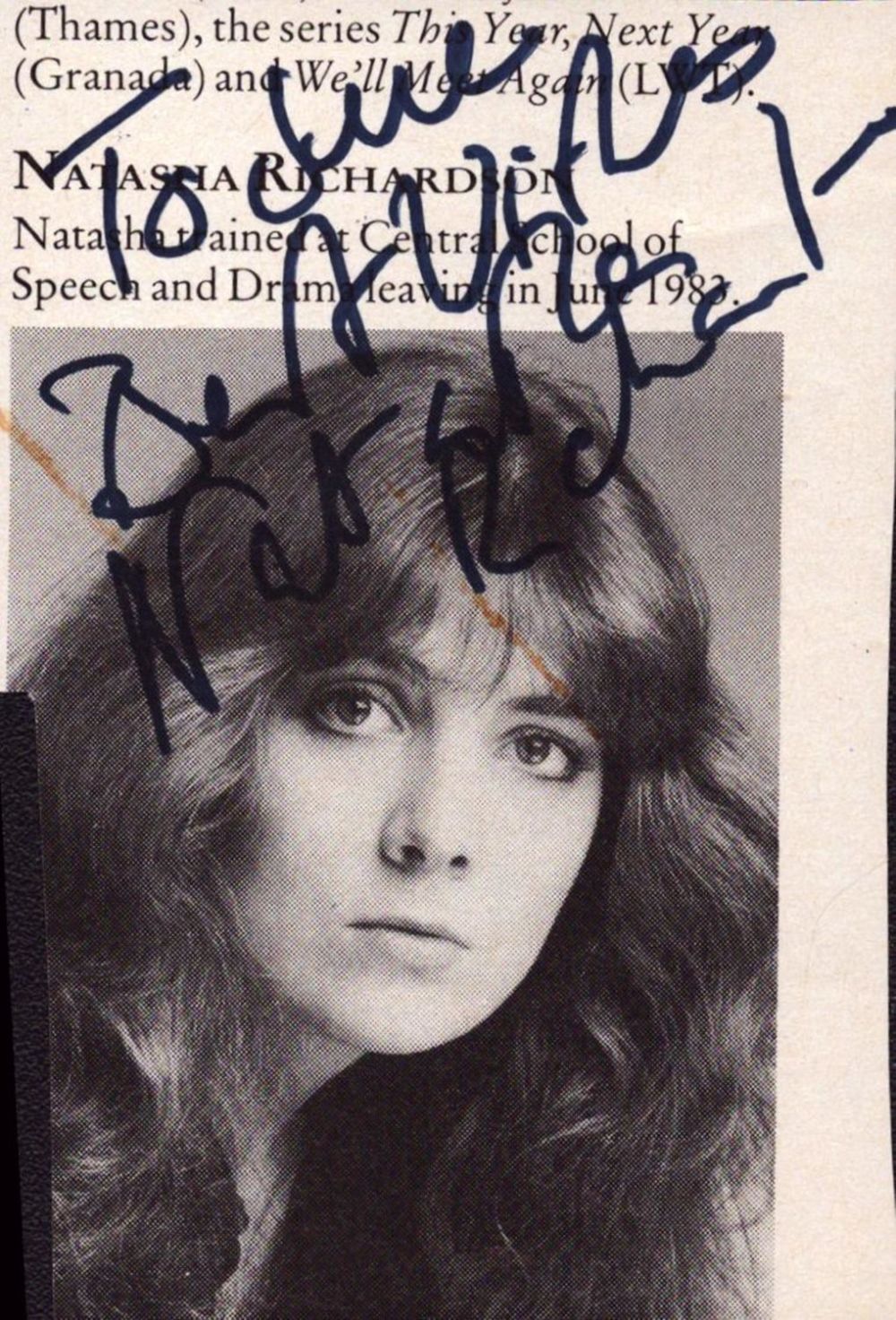 Lot 369: Natasha Richardson signed small black and white newspaper...