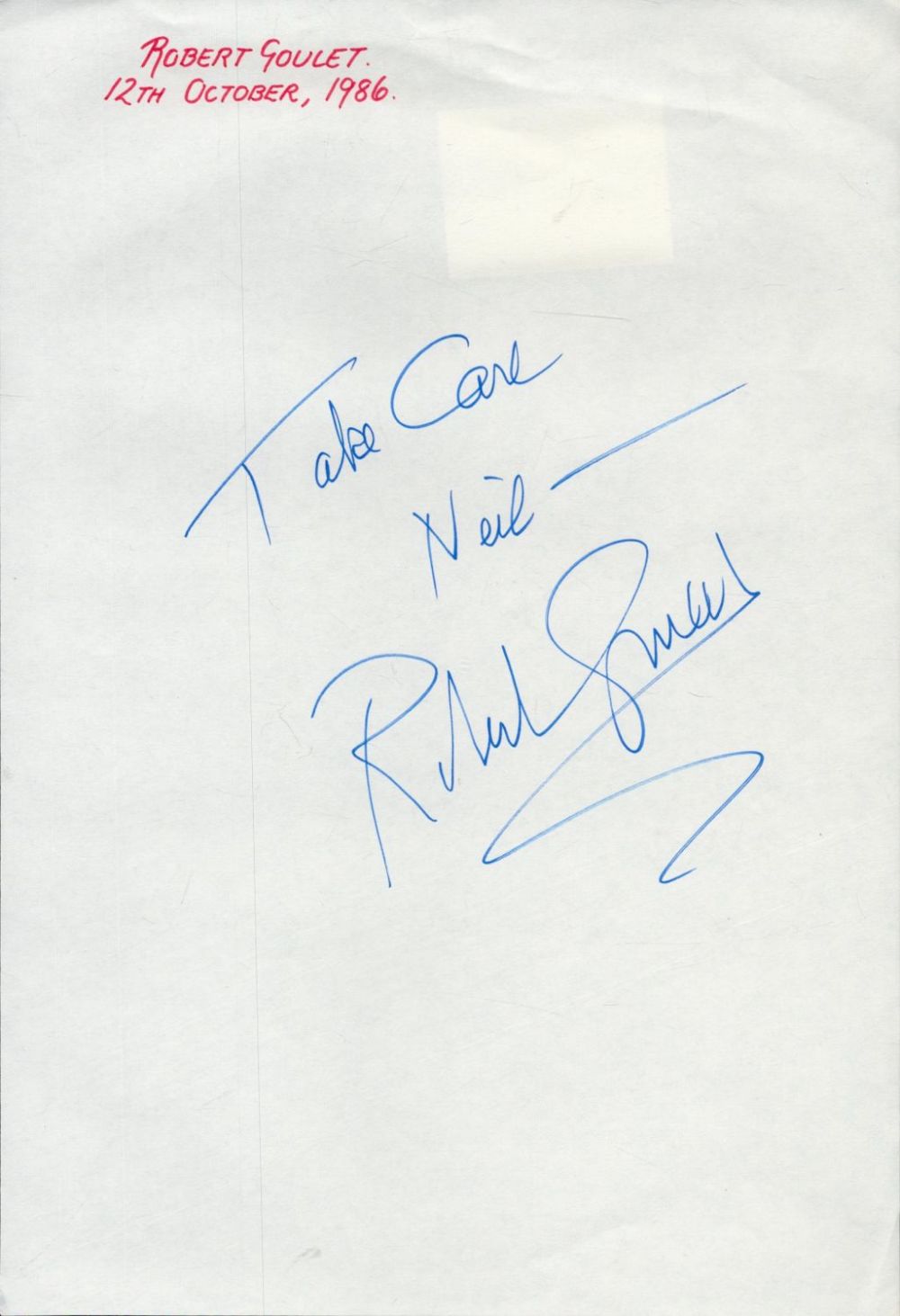 Lot 419: Robert Goulet signed A4 page. Good condition. All...