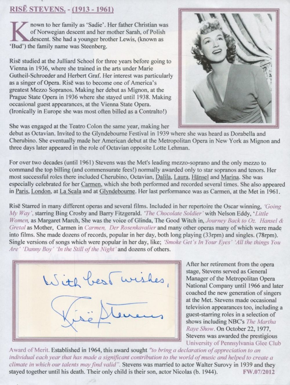 Lot 426: Rise Stevens signature piece inserted into bio page....