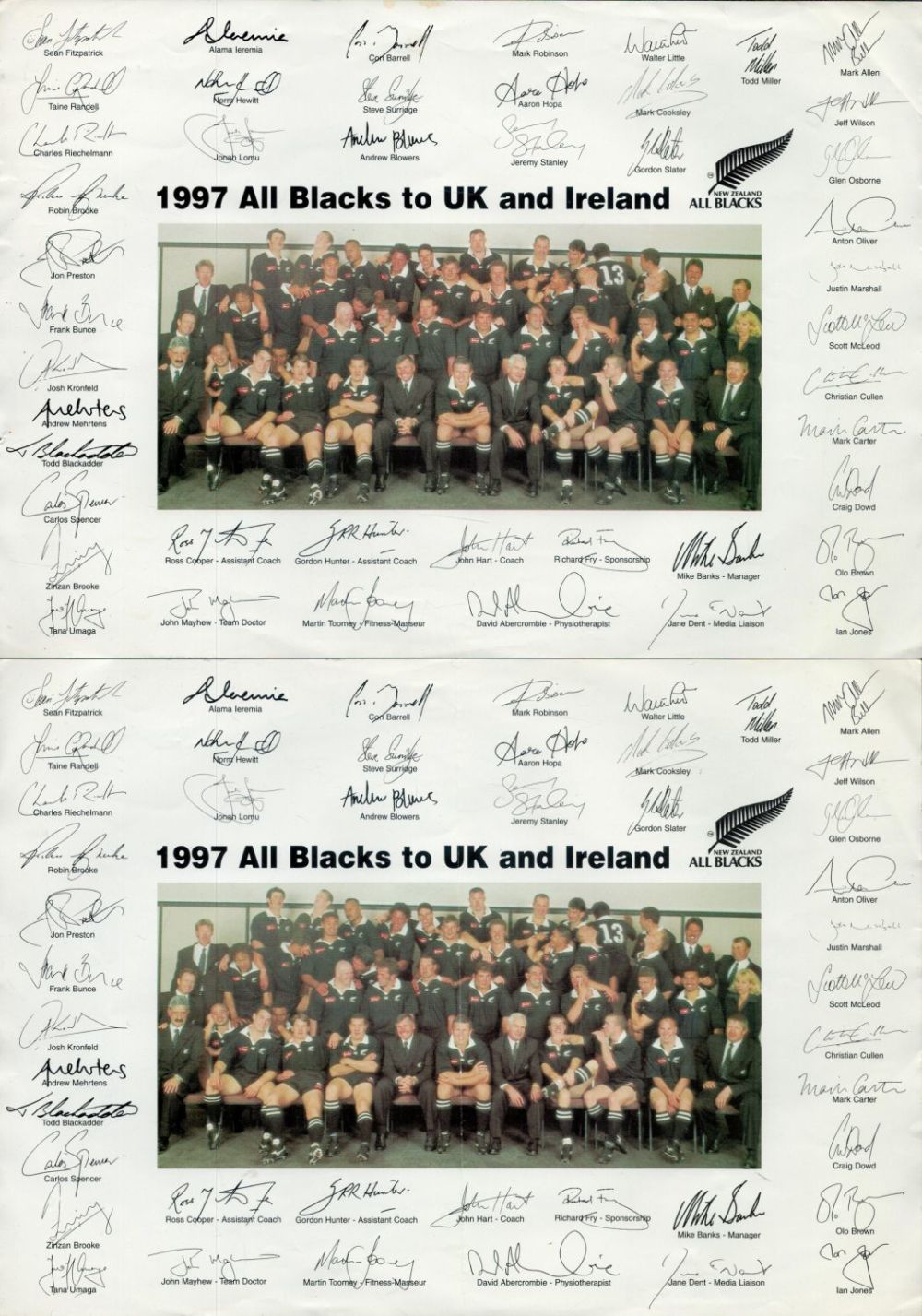 Lot 434: Multi-Signed Team Sheets (Printed Signatures) 1997 All Blacks...