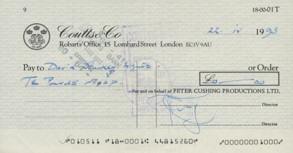 Lot 500: Peter Cushing signed Coutts and Co vintage cheque...