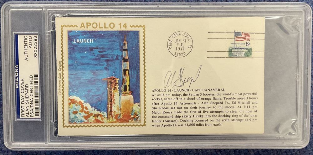 Lot 698: Alan Shephard signed Apollo 14 cover in psa/dna...