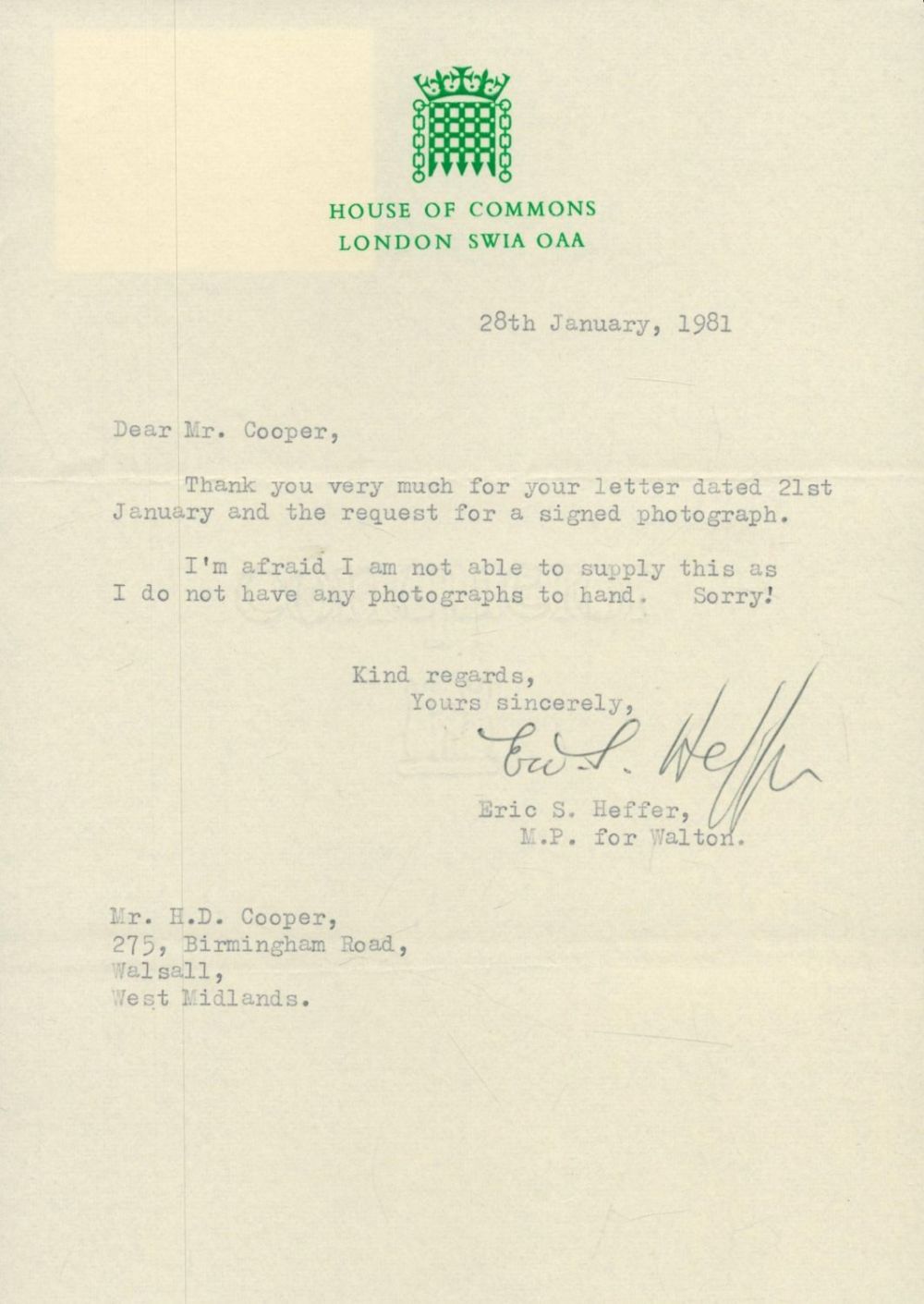 Lot 330: ERIC HEFFER Signed TLS dated 28th Jan 1981...