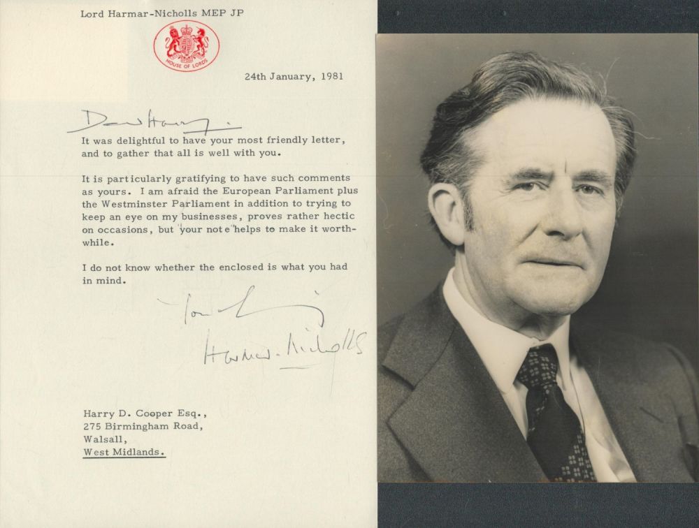 Lot 331: LORD HARMAR-NICHOLLS Tory Politician unsigned Photo and TLS...