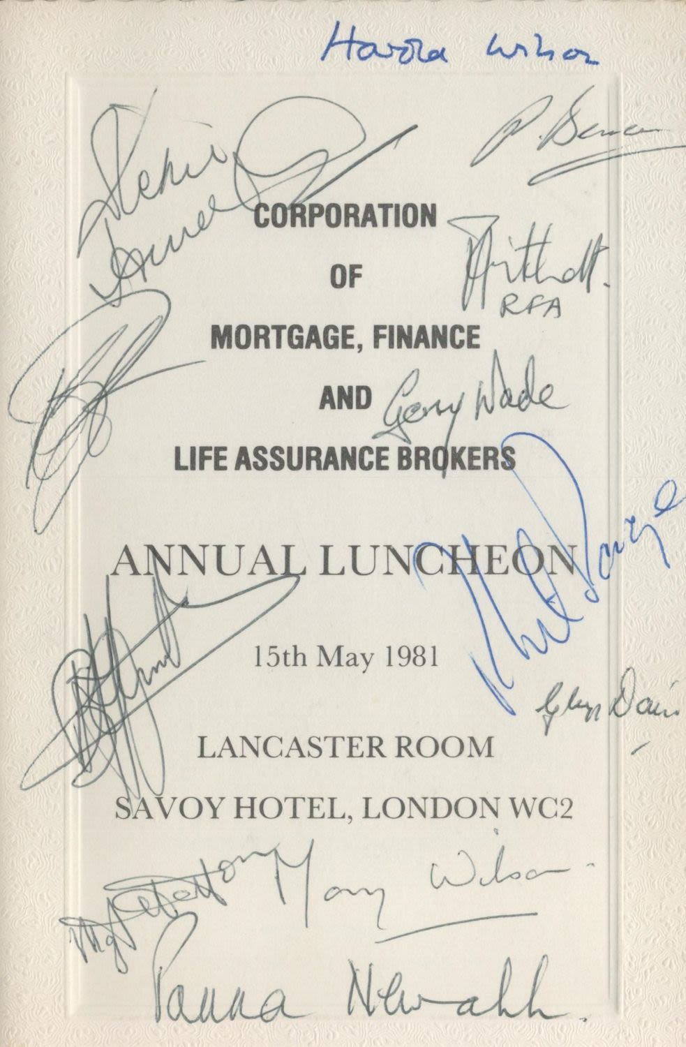 Lot 106: Savoy Hotel multisigned Annual Luncheon 1981 menu. Signatures...