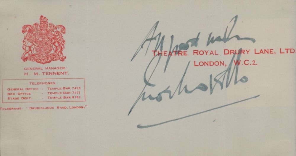 Lot 253: Ivor Novello signed Theatre Royal Drury Lane paper....