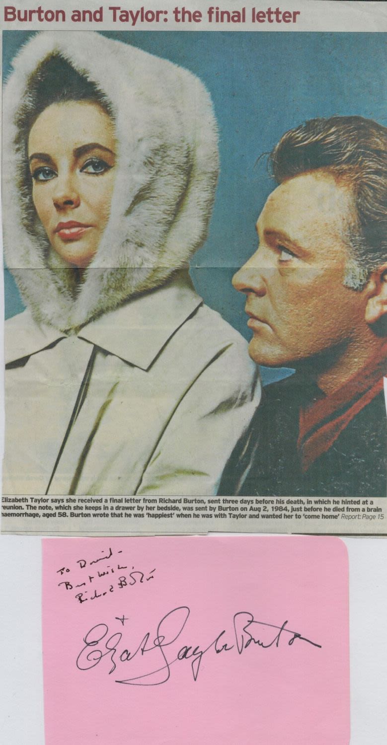 Lot 254: Elizabeth Taylor Burton signed 6x4 pink album page....