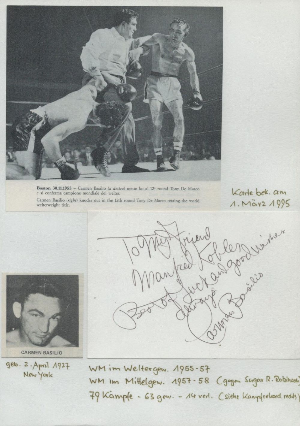 Lot 282: Carmen Basilio 12x8 black and white signature piece....