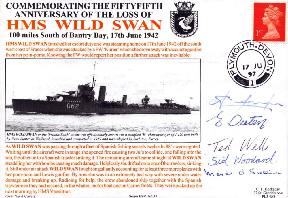 Lot 353: HMS Wild Swan FDC Signed By 5 Survivors....